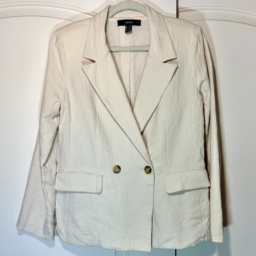Womens Gauze Crinkle Cotton Blazer Quilted Cream Neutral Pockets Business Medium